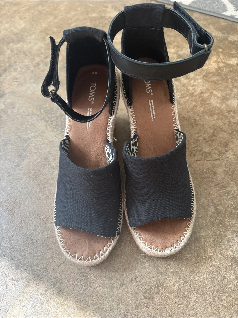 Toms Black Canvas Espadrille Wedge Sandals with Ankle Strap